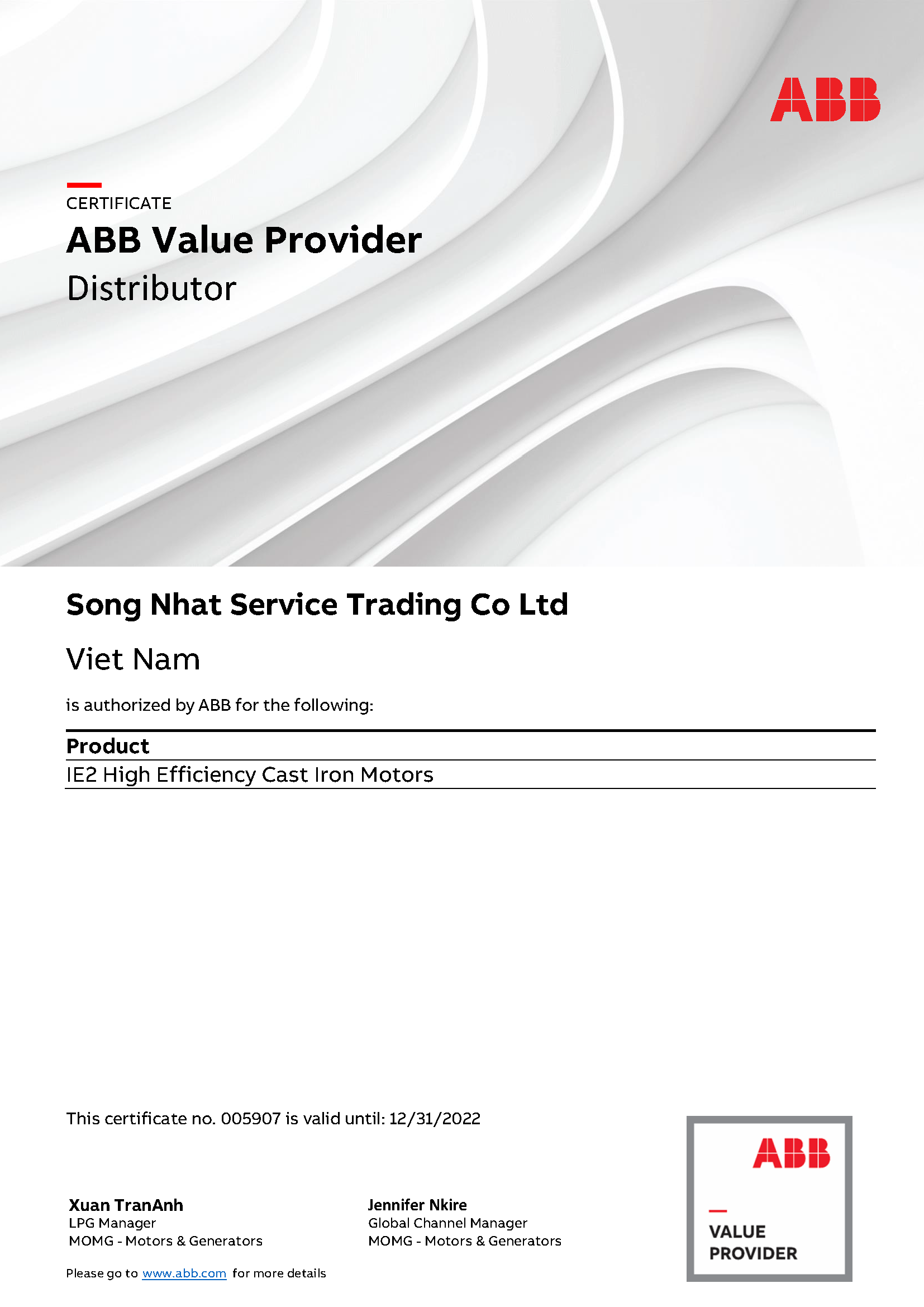 SONG NHAT TRADING CO.LTD, THE FIRST MOTORS DISTRIBUTOR IN VIETNAM GET ABB VALUE PROVIDER
